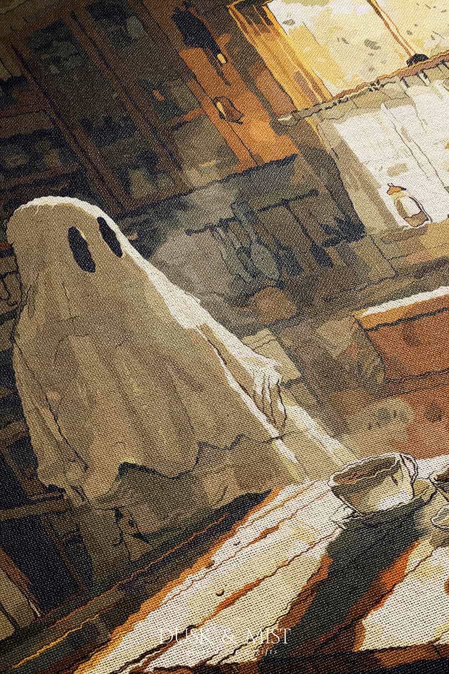 Woven cotton blanket depicting a ghost standing in a vintage kitchen with sunlight streaming through the window onto a wooden table with two teacups.