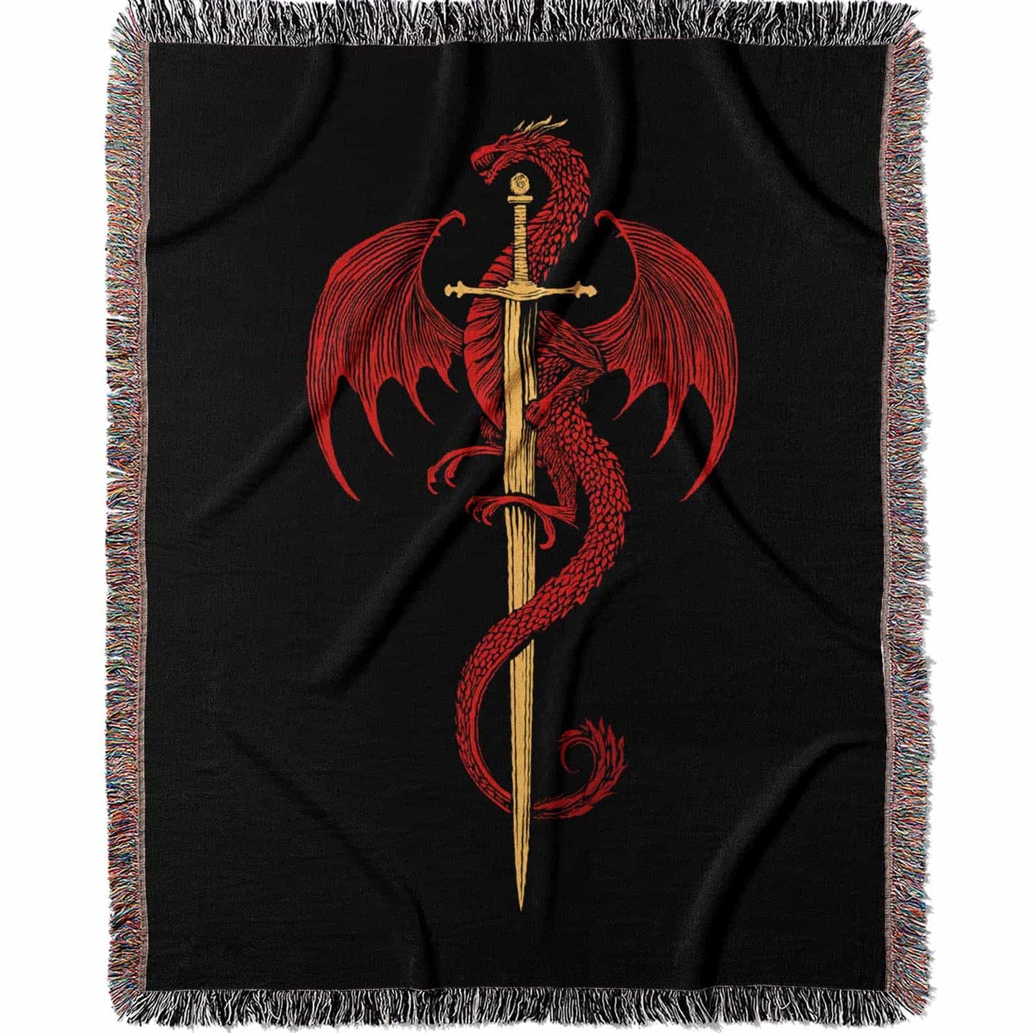 Woven cotton blanket featuring a red dragon wrapped around a golden sword on a black background with intricate wing and scale details.