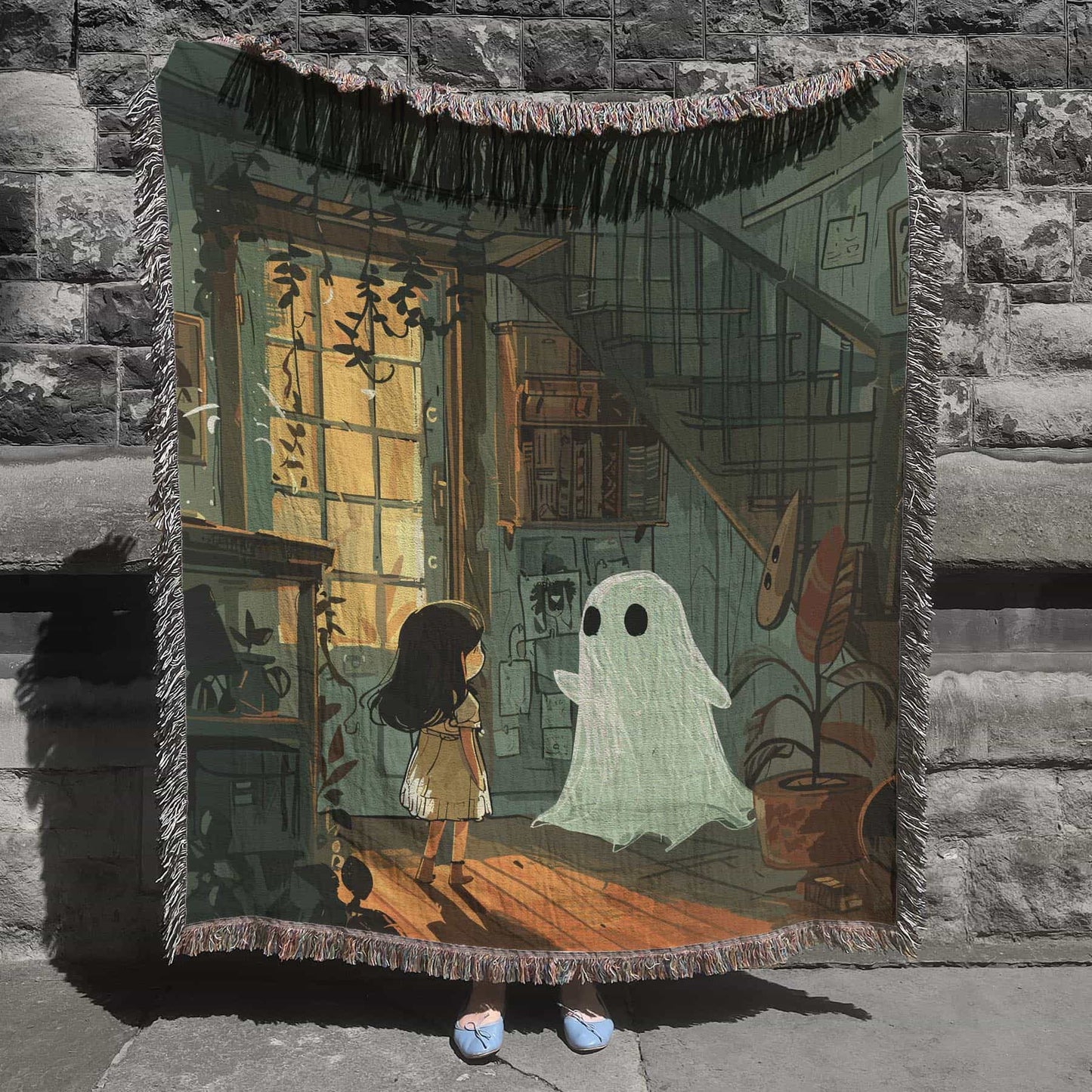 Woven cotton blanket depicting a small ghost and a young girl standing in a warmly lit wooden room filled with plants, books, and soft evening light streaming through a door.