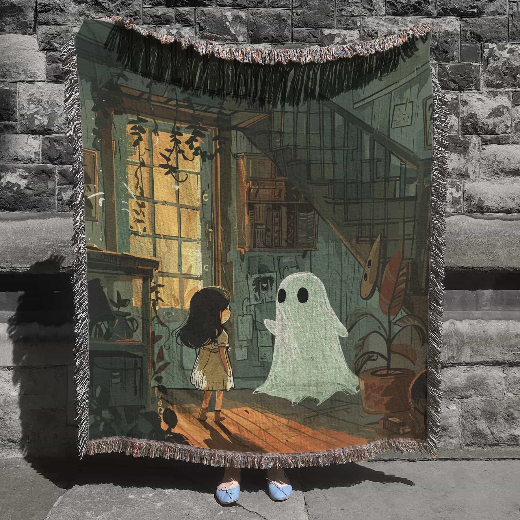 Woven cotton blanket depicting a small ghost and a young girl standing in a warmly lit wooden room filled with plants, books, and soft evening light streaming through a door.