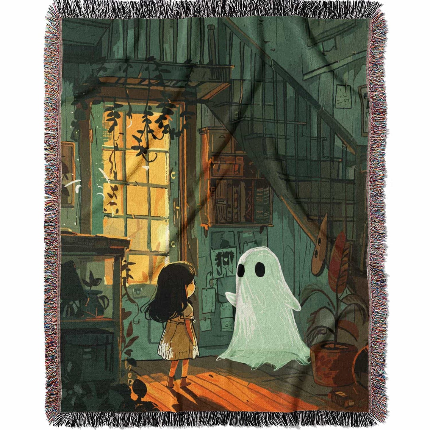 Woven cotton blanket depicting a small ghost and a young girl standing in a warmly lit wooden room filled with plants, books, and soft evening light streaming through a door.