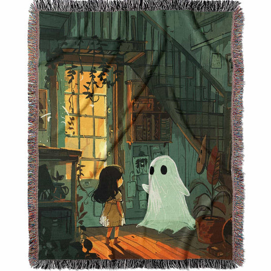 Woven cotton blanket depicting a small ghost and a young girl standing in a warmly lit wooden room filled with plants, books, and soft evening light streaming through a door.