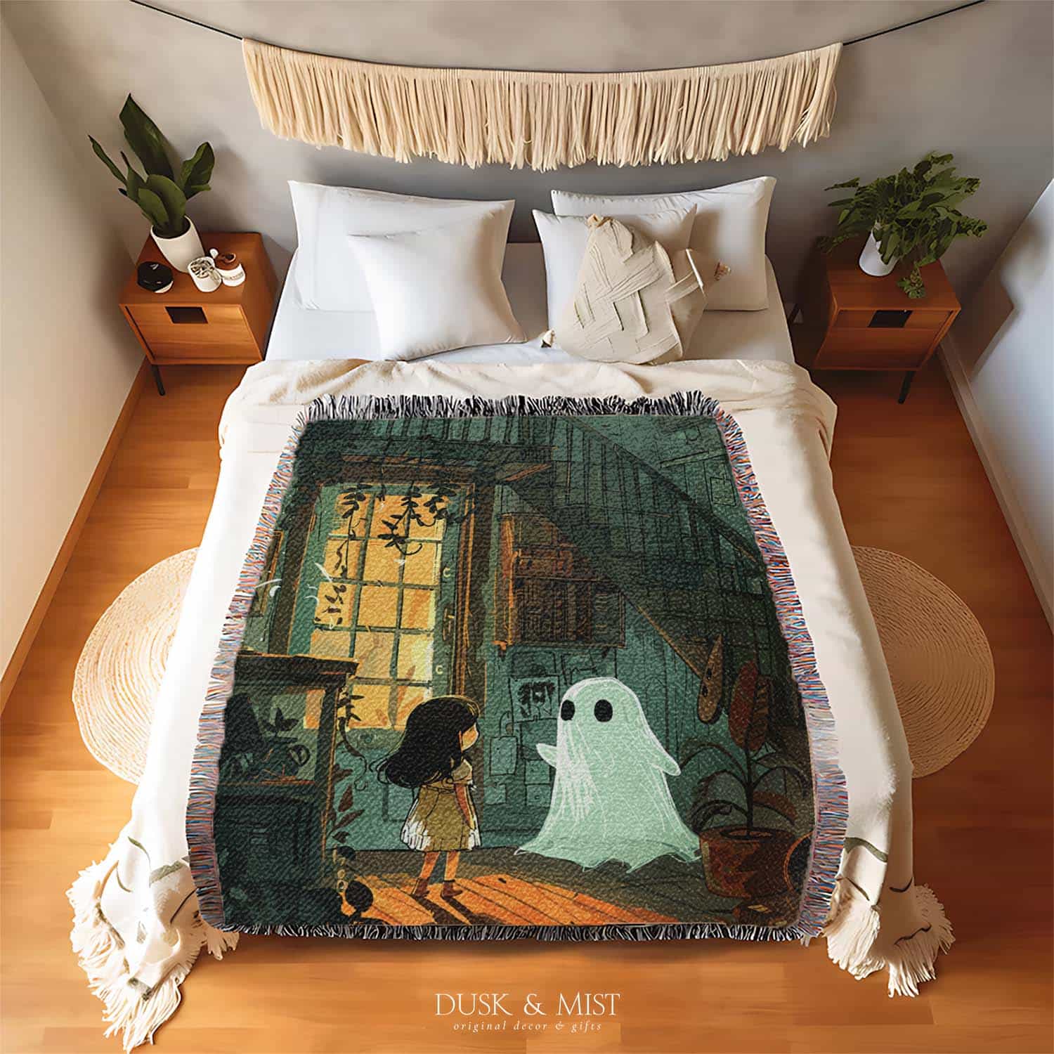 Woven cotton blanket depicting a small ghost and a young girl standing in a warmly lit wooden room filled with plants, books, and soft evening light streaming through a door.