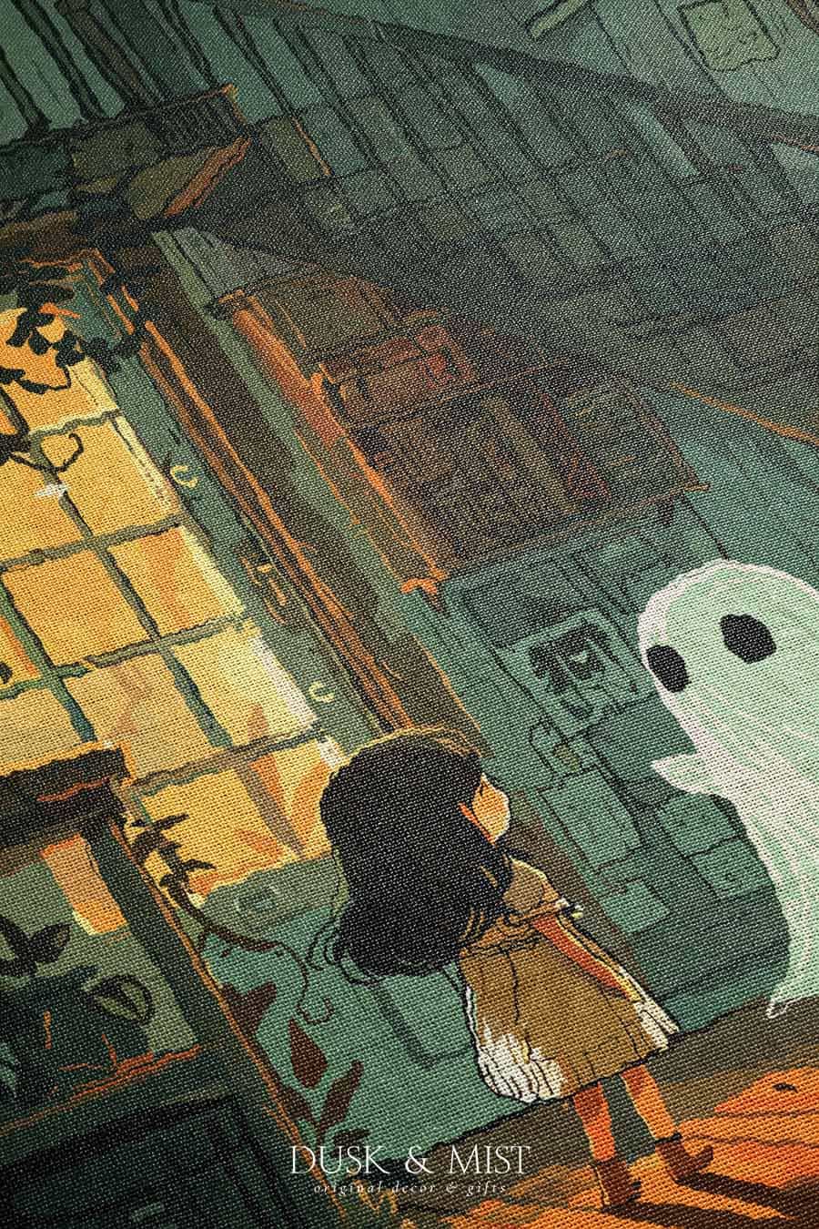 Woven cotton blanket depicting a small ghost and a young girl standing in a warmly lit wooden room filled with plants, books, and soft evening light streaming through a door.