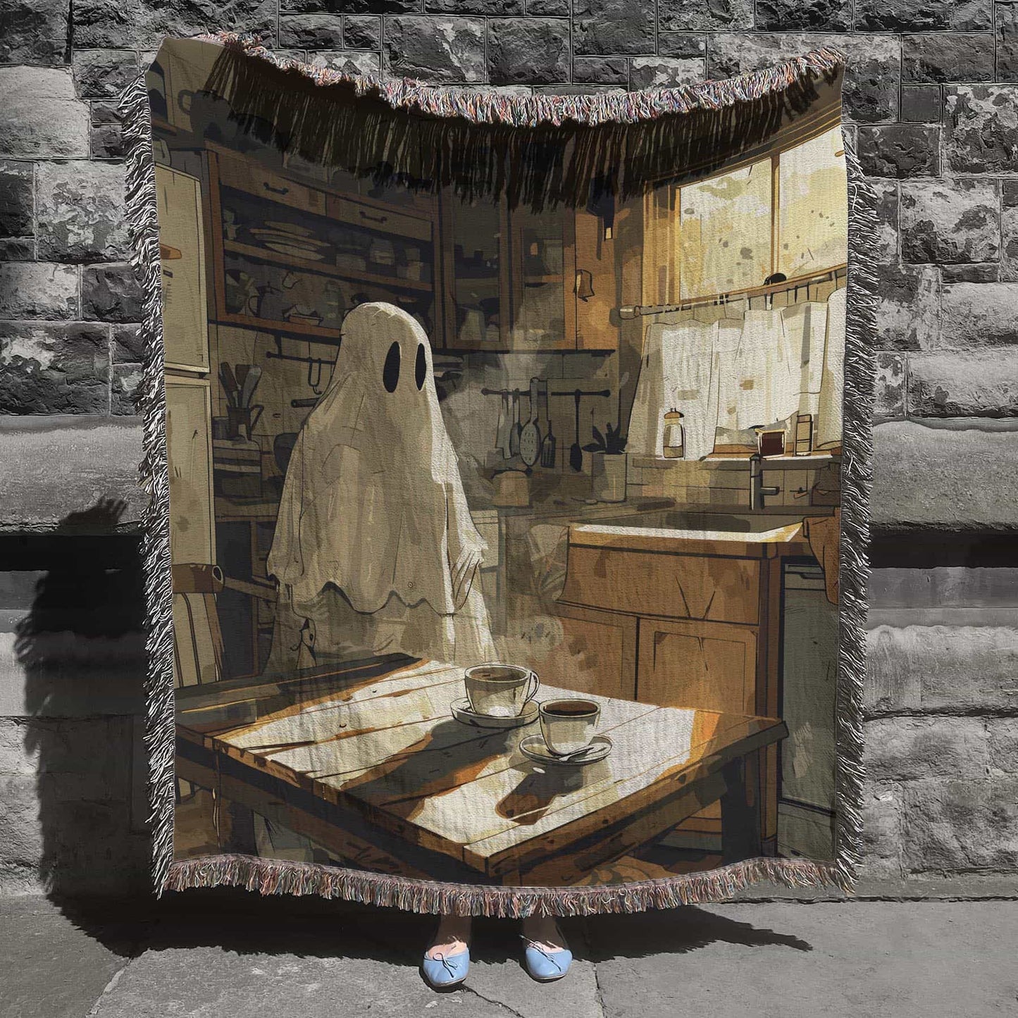 Woven cotton blanket depicting a ghost standing in a vintage kitchen with sunlight streaming through the window onto a wooden table with two teacups.