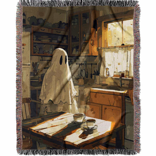 Woven cotton blanket depicting a ghost standing in a vintage kitchen with sunlight streaming through the window onto a wooden table with two teacups.