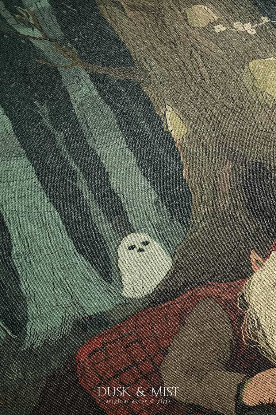 Woven cotton blanket depicting a sleeping gnome under a large tree, with a small ghost-like forest spirit in the background surrounded by dark green woods.