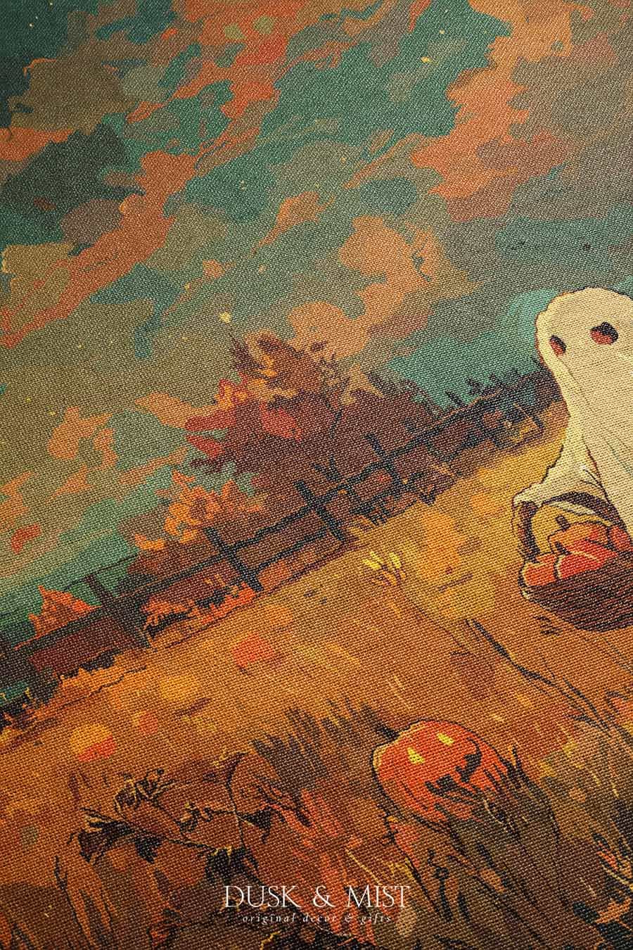 Woven cotton blanket depicting a ghost carrying a basket in a pumpkin-filled autumn field under a twilight sky.  