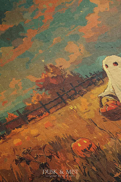 Woven cotton blanket depicting a ghost carrying a basket in a pumpkin-filled autumn field under a twilight sky.  