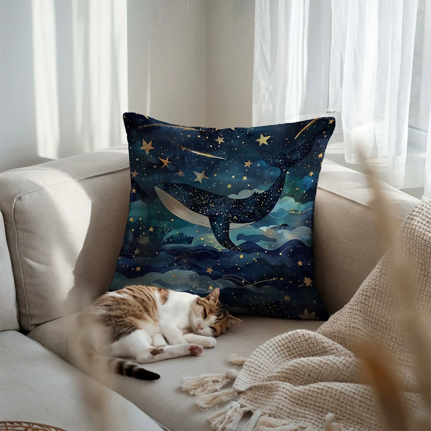 Cat lying on a couch with a decorative pillow featuring a whale and star design.