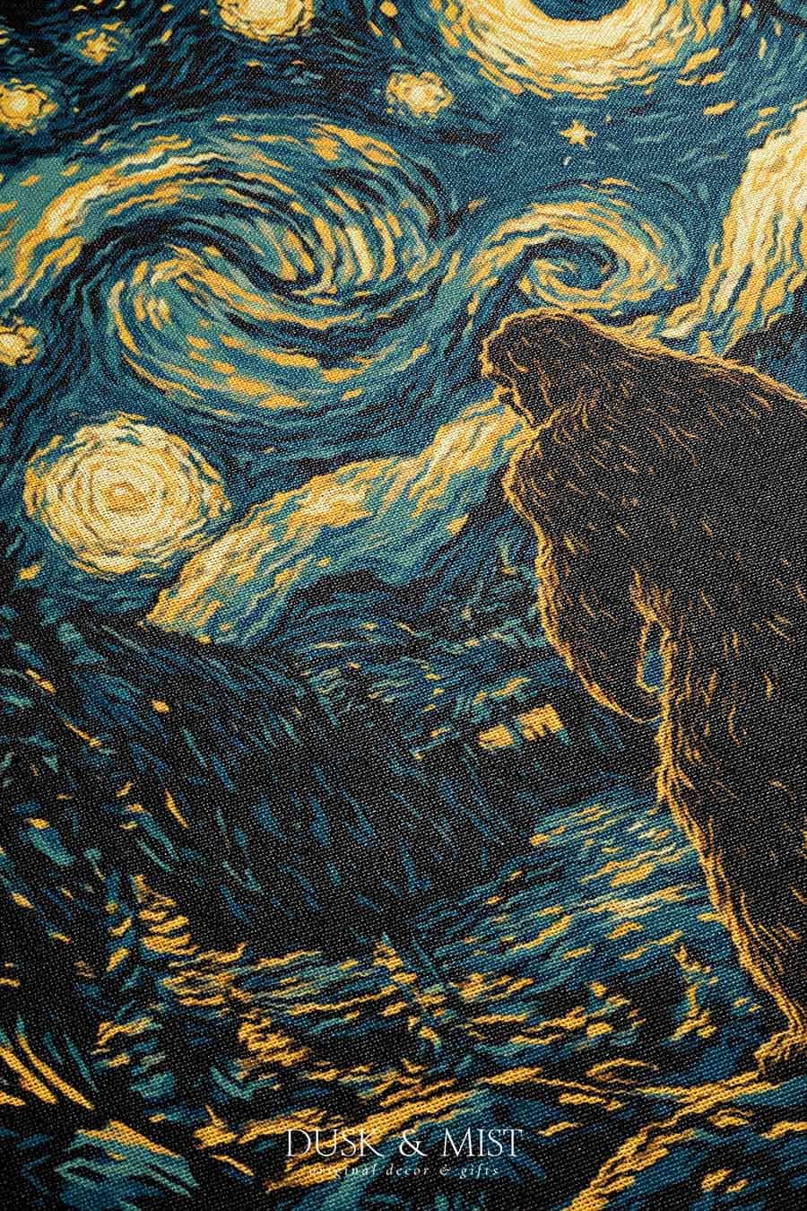 Woven cotton blanket featuring Bigfoot in a forest beneath a Van Gogh-style starry night sky with swirling constellations and moonlight.