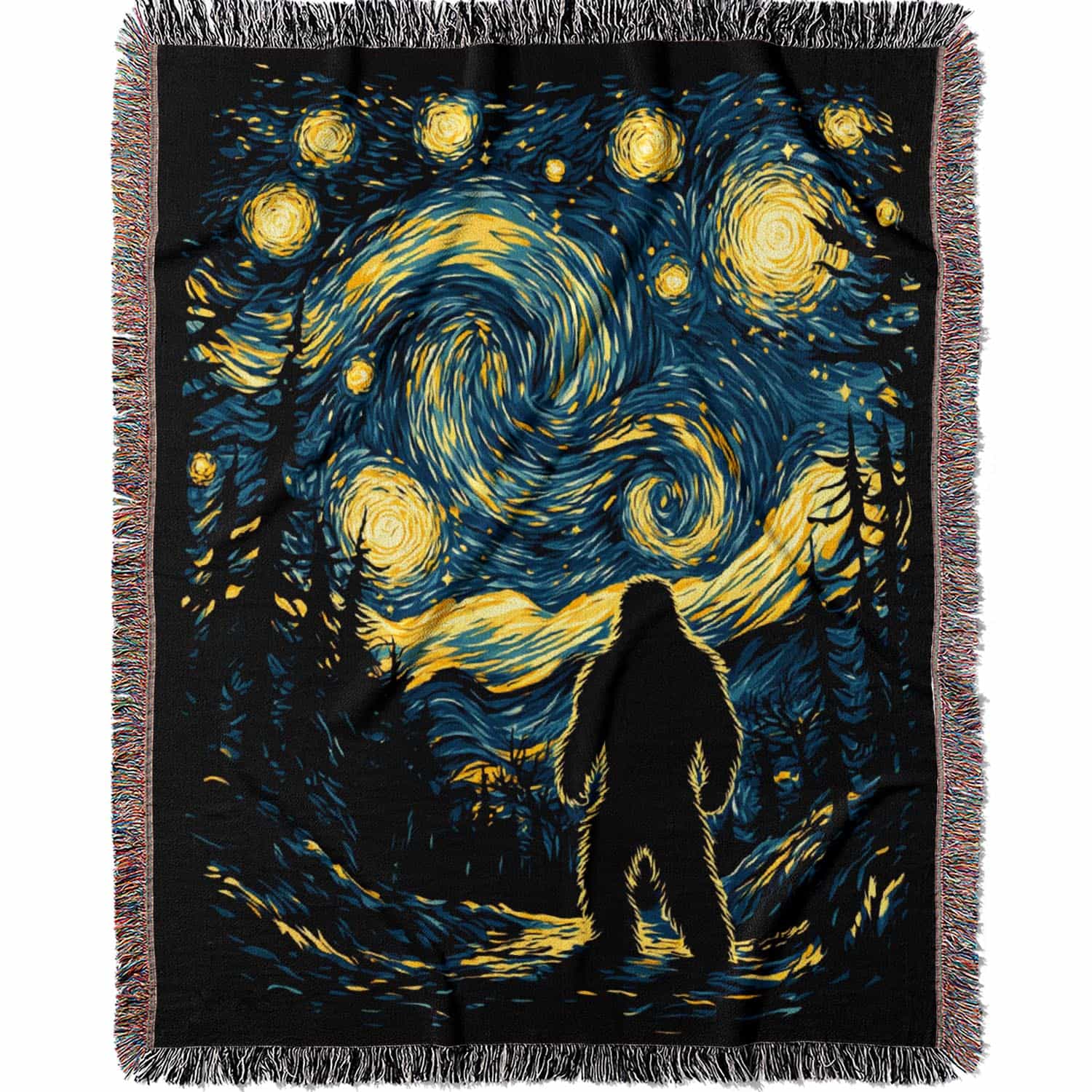 Woven cotton blanket featuring Bigfoot in silhouette against a Van Gogh-style starry night sky with swirling golden stars and dark forest trees.