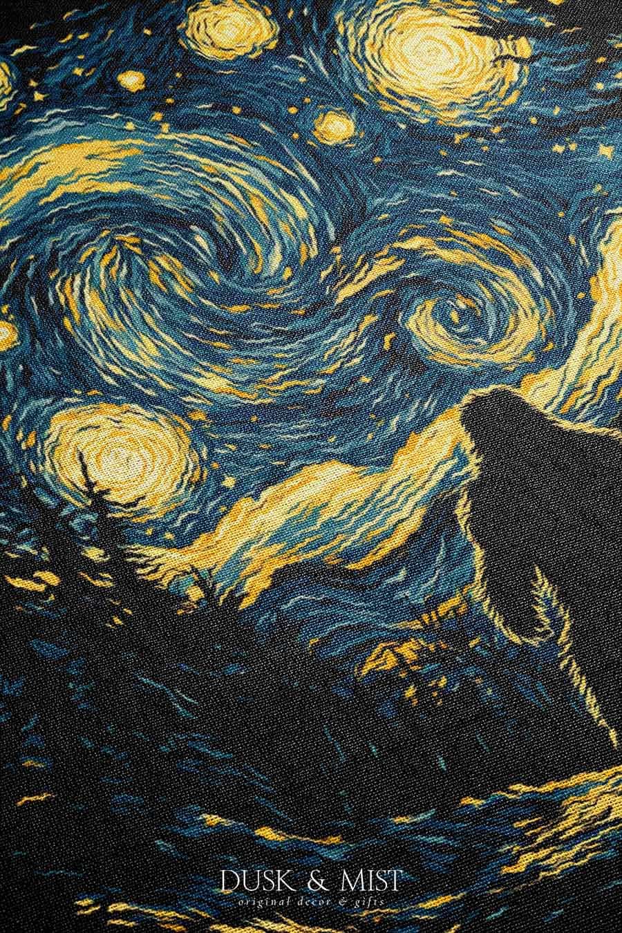Woven cotton blanket featuring Bigfoot in silhouette against a Van Gogh-style starry night sky with swirling golden stars and dark forest trees.