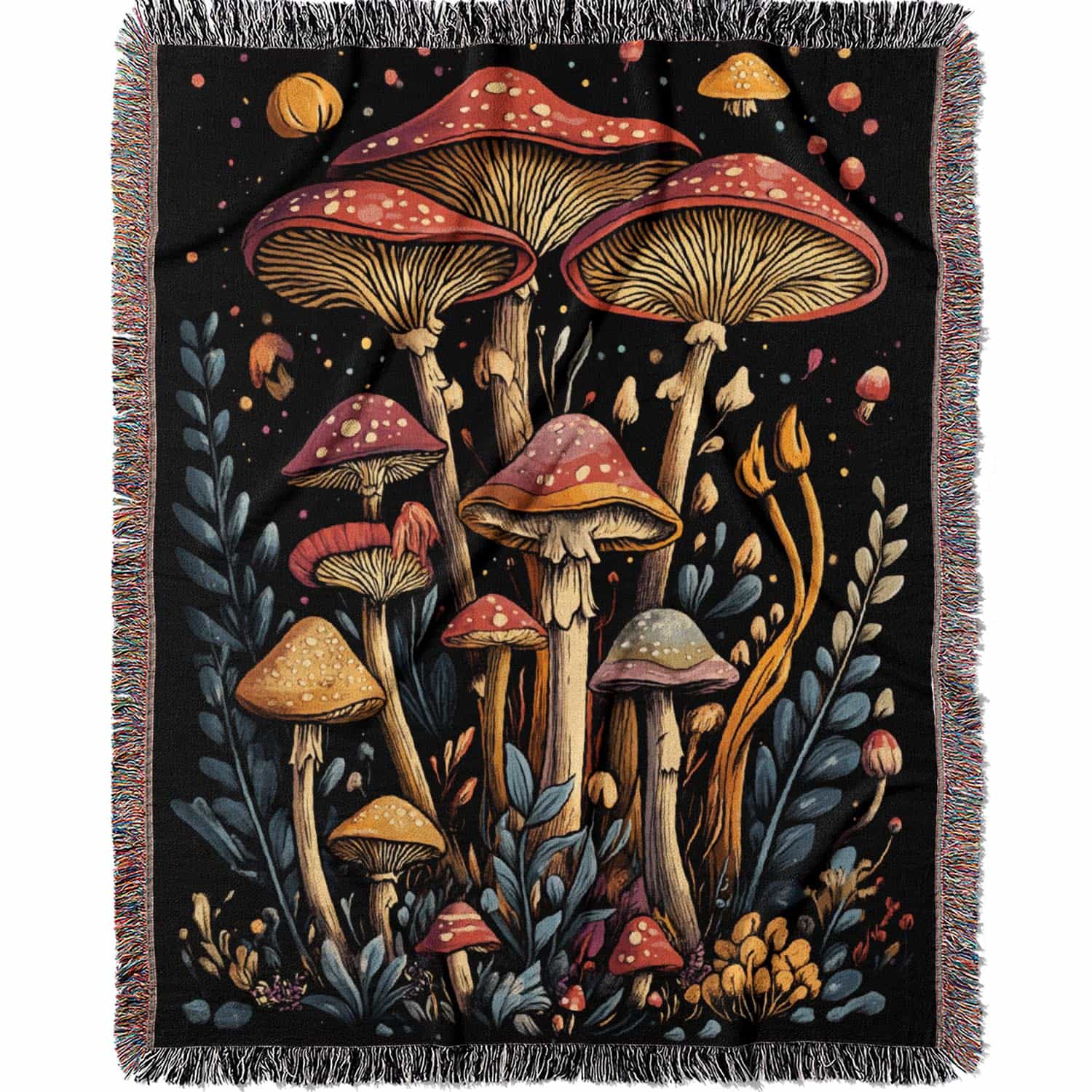 Woven cotton blanket featuring a botanical-style cluster of mushrooms in red, gold, and purple caps surrounded by plants and foliage on a black background.