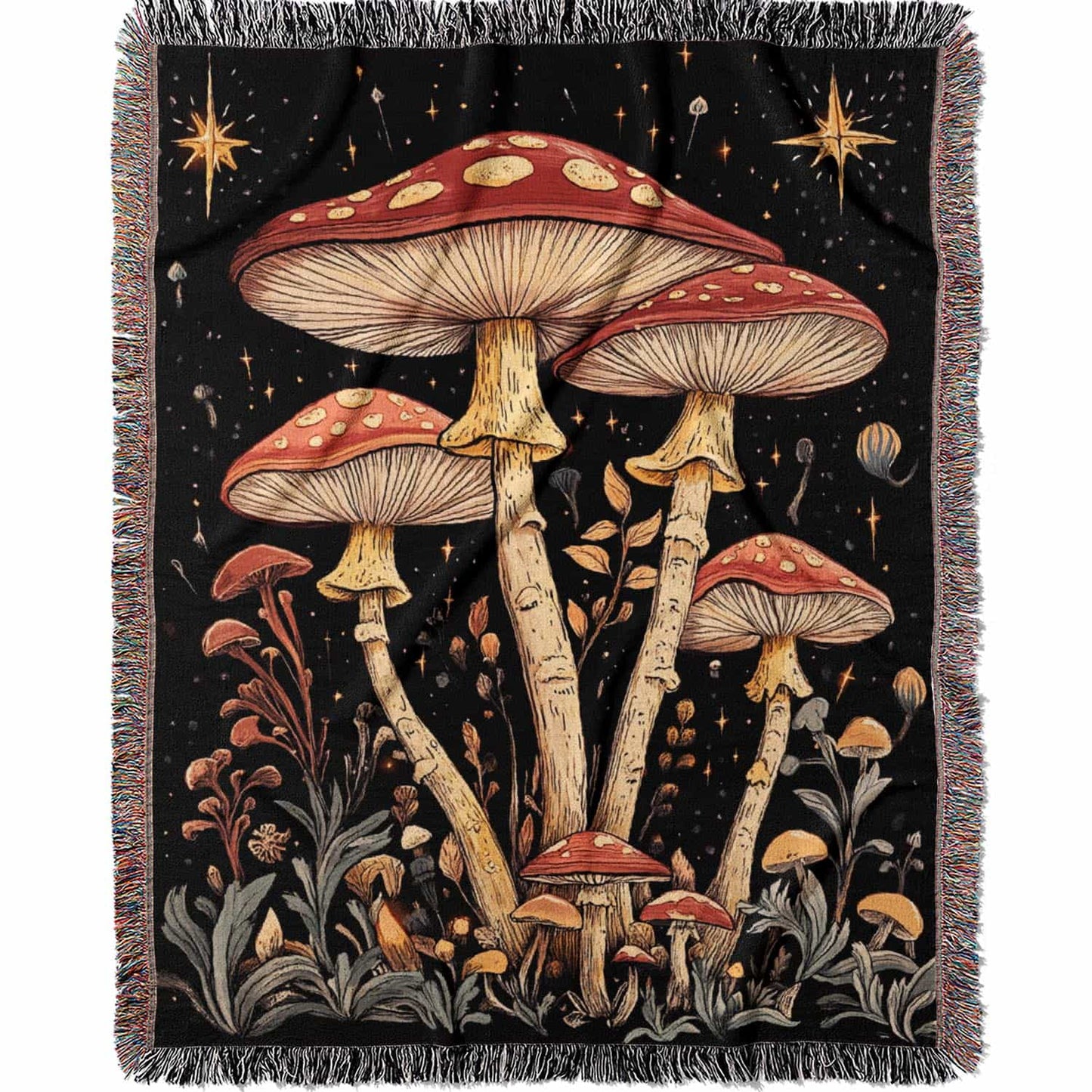 Woven cotton blanket featuring tall red-capped mushrooms under a starry sky with golden stars and surrounding plants on a black background.
