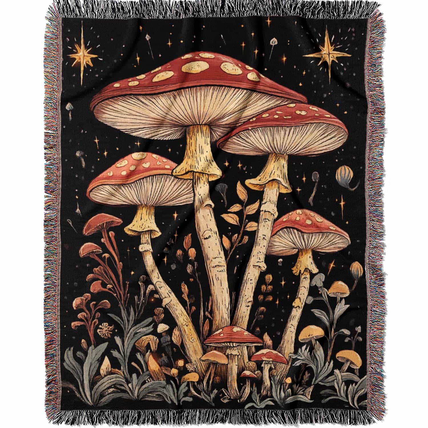 Woven cotton blanket featuring tall red-capped mushrooms under a starry sky with golden stars and surrounding plants on a black background.
