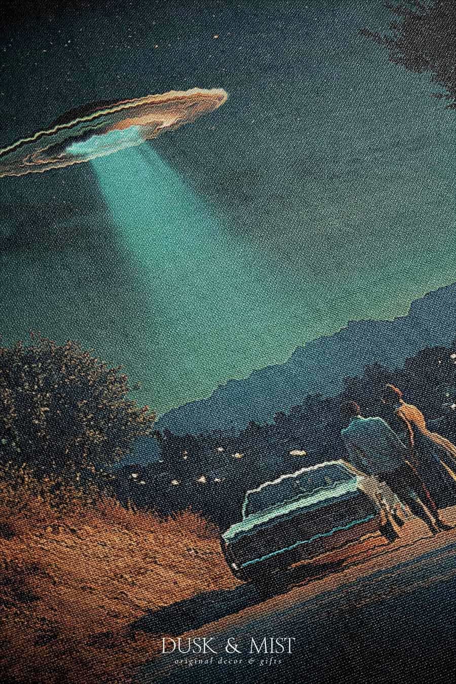 Woven cotton blanket featuring a UFO beaming light onto a couple standing near a car at night, with a starry sky and silhouetted trees.