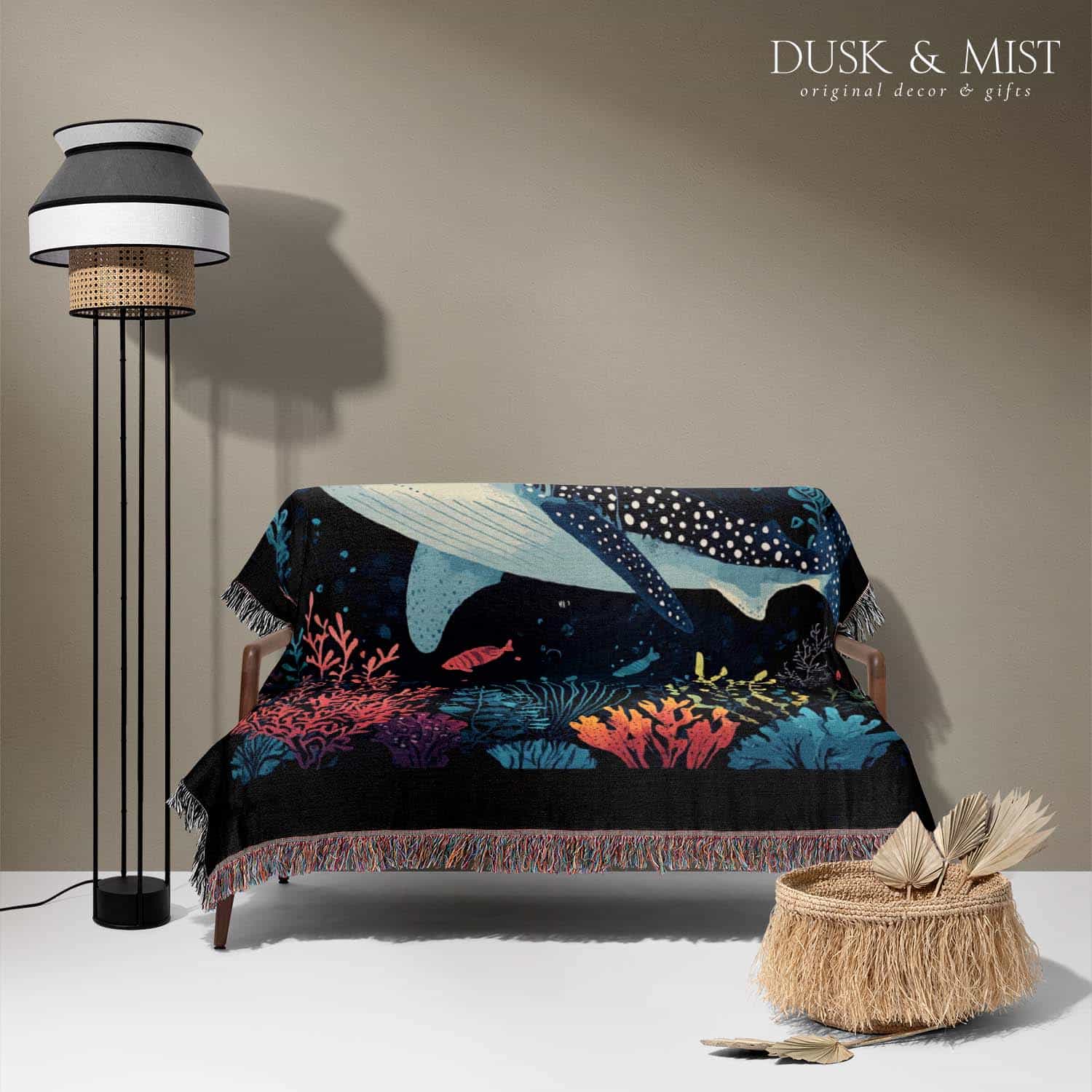 Blanket with whale shark and underwater scene design on a black background