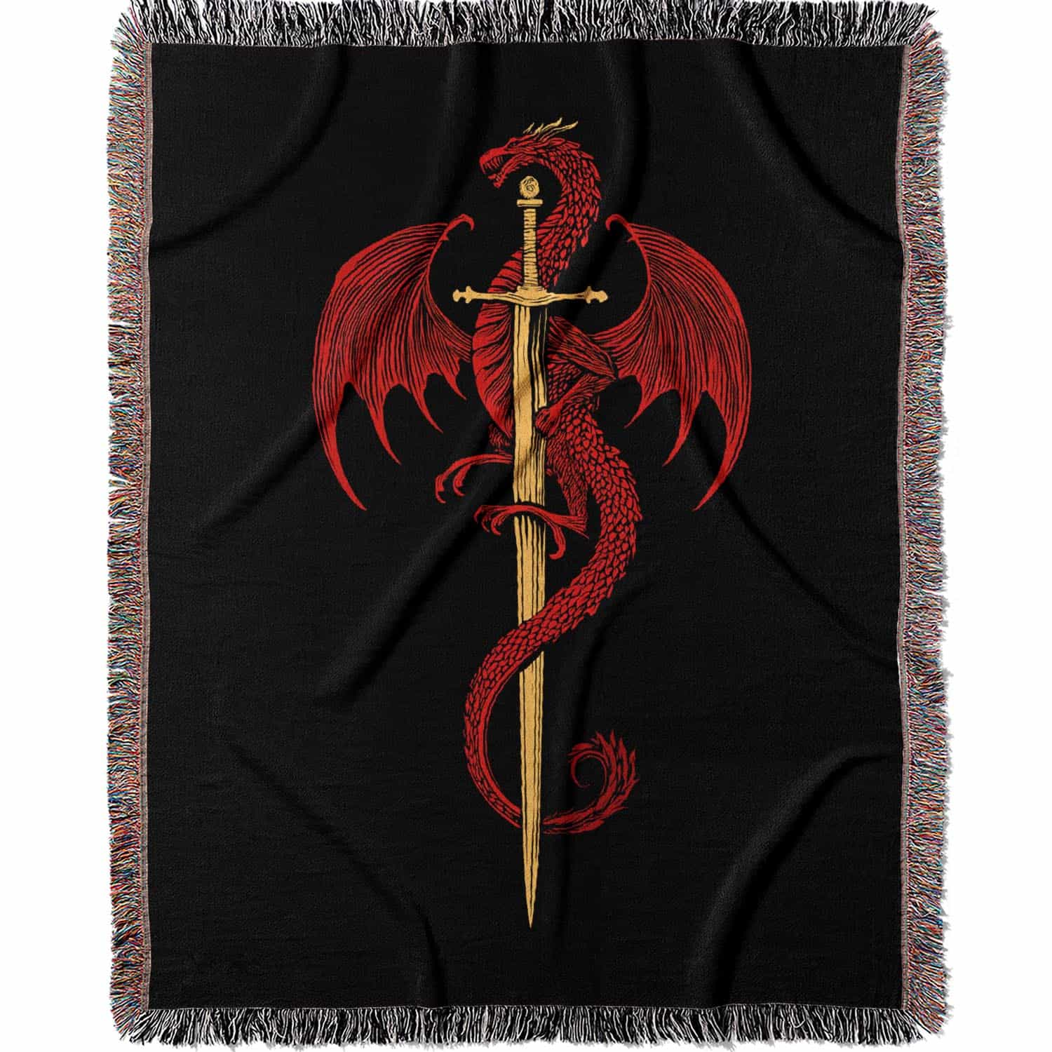 Woven cotton blanket featuring a red dragon wrapped around a golden sword on a black background with intricate wing and scale details.