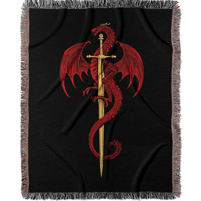 Woven cotton blanket featuring a red dragon wrapped around a golden sword on a black background with intricate wing and scale details.