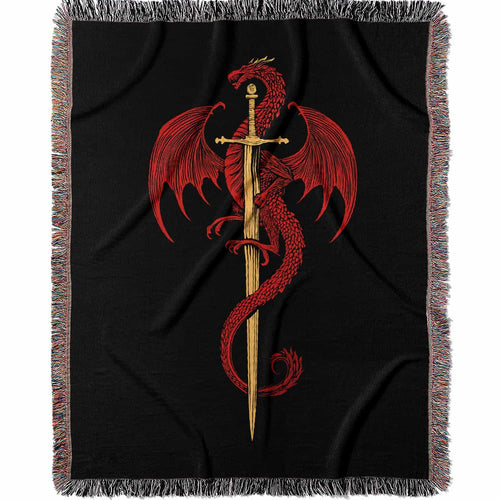 Woven cotton blanket featuring a red dragon wrapped around a golden sword on a black background with intricate wing and scale details.