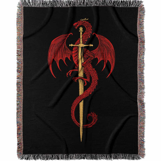 Woven cotton blanket featuring a red dragon wrapped around a golden sword on a black background with intricate wing and scale details.