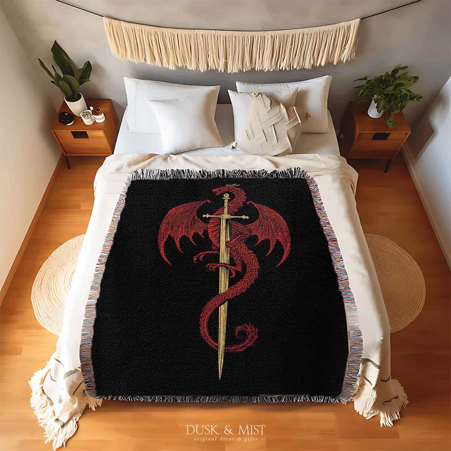 Woven cotton blanket featuring a red dragon wrapped around a golden sword on a black background with intricate wing and scale details.