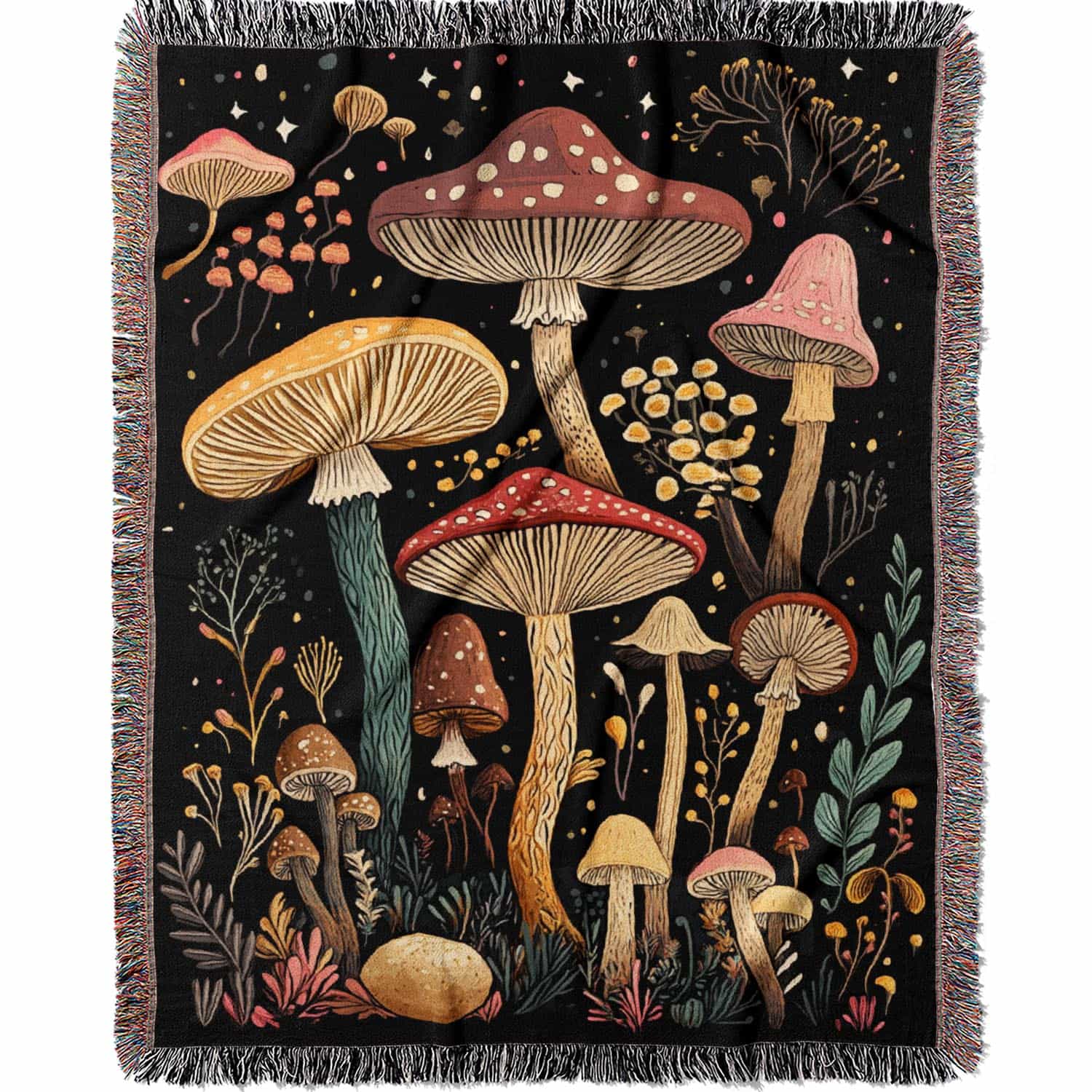 Woven cotton blanket featuring a botanical-style field of mushrooms in red, gold, and cream tones with surrounding plants and foliage on a black background.