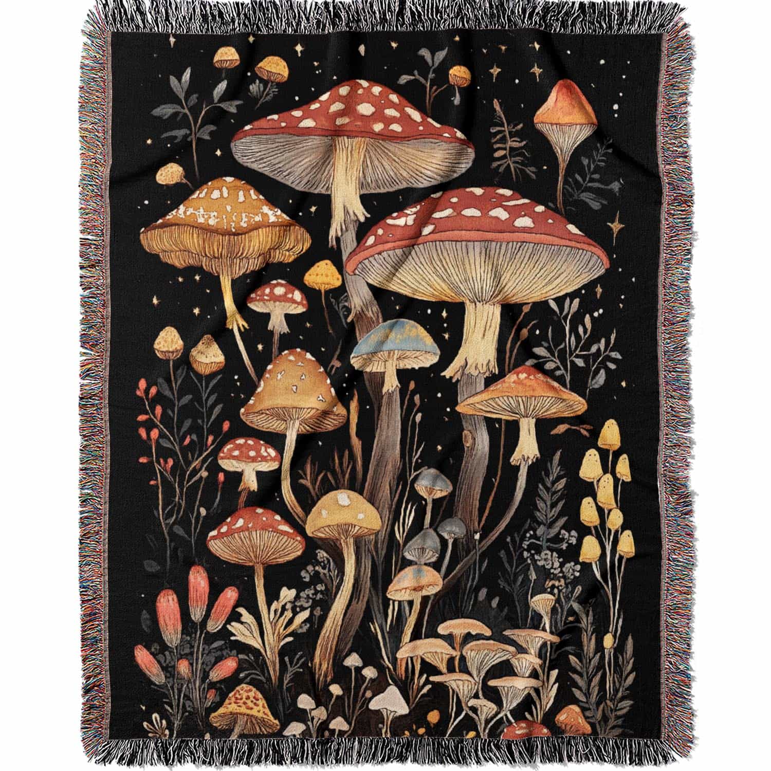 Woven cotton blanket showing a colorful cluster of mushrooms in red, gold, blue, and cream caps with surrounding plants and flowers on a black background.
