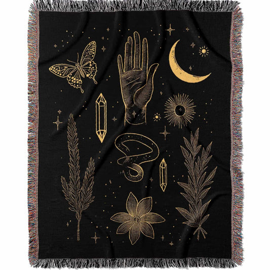 black throw blanket with gold celestial and occult designs