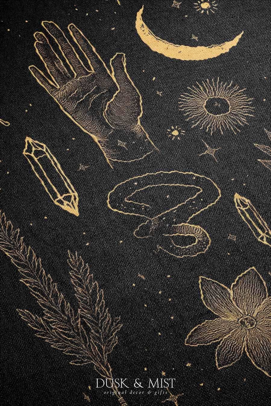 black throw blanket with gold celestial and occult designs