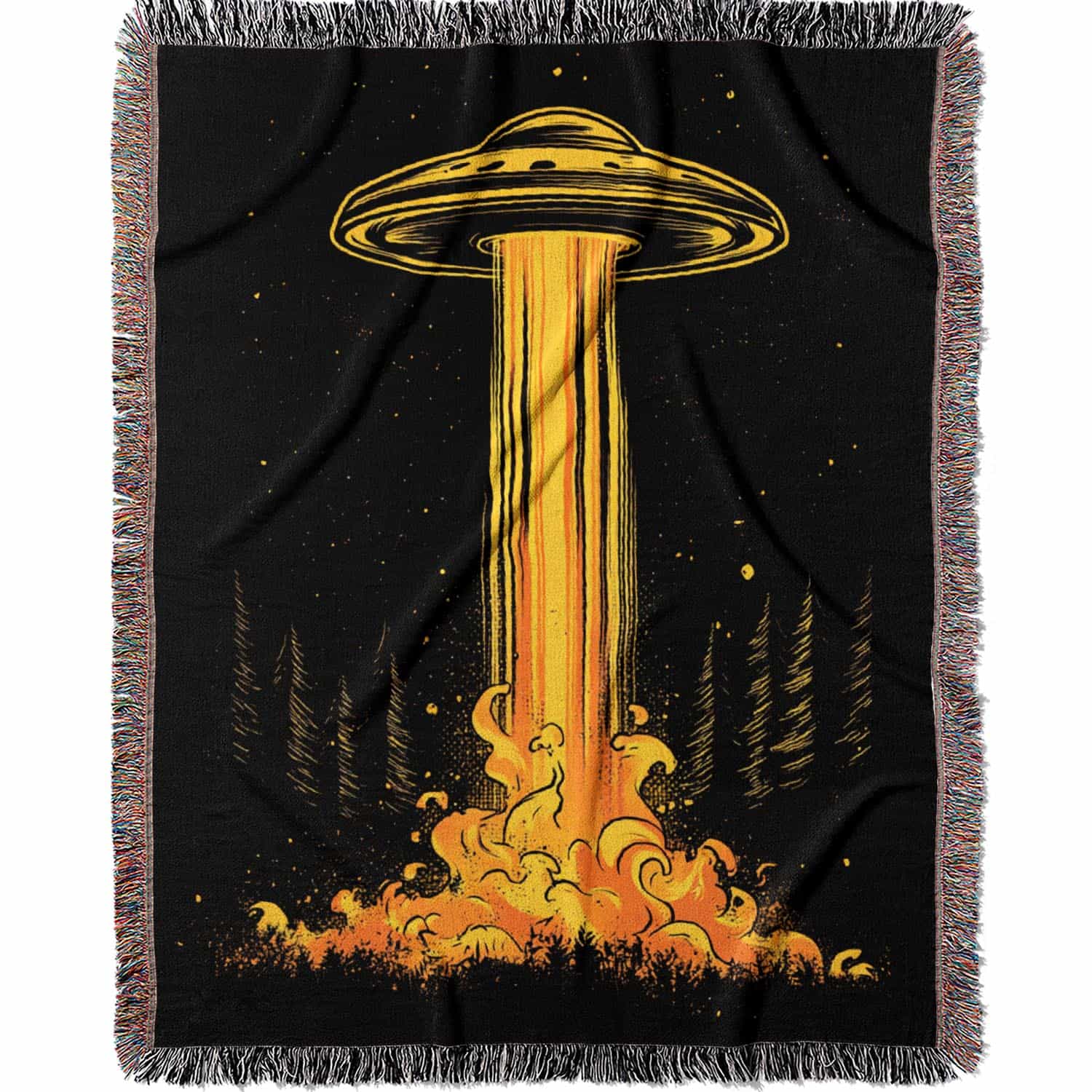 Woven cotton blanket featuring a UFO casting a golden beam into the forest at night, with glowing clouds and cosmic light effects.