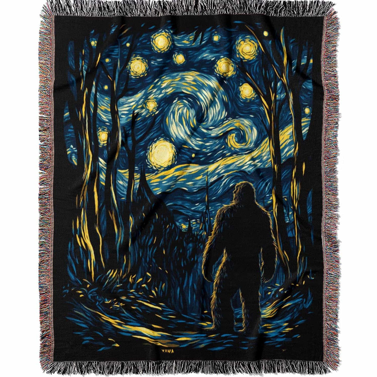 Woven cotton blanket featuring Sasquatch walking through a forest under a Van Gogh-style starry night sky with swirling stars and moonlight.