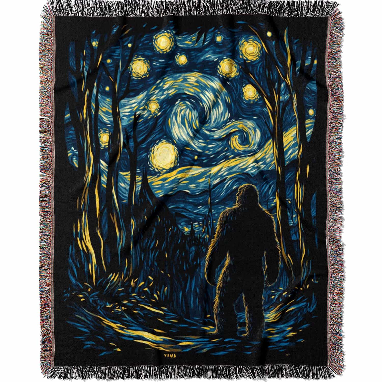 Woven cotton blanket featuring Sasquatch walking through a forest under a Van Gogh-style starry night sky with swirling stars and moonlight.