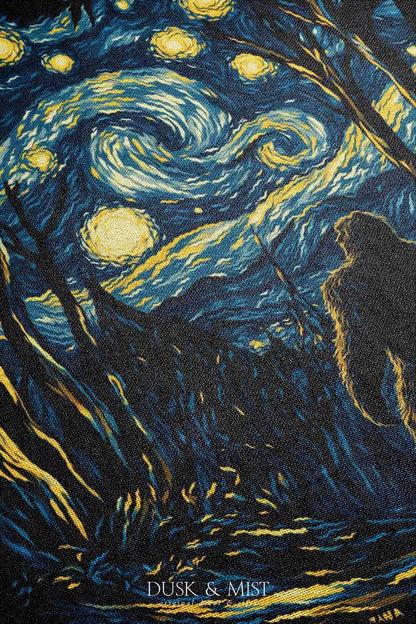 Woven cotton blanket featuring Sasquatch walking through a forest under a Van Gogh-style starry night sky with swirling stars and moonlight.
