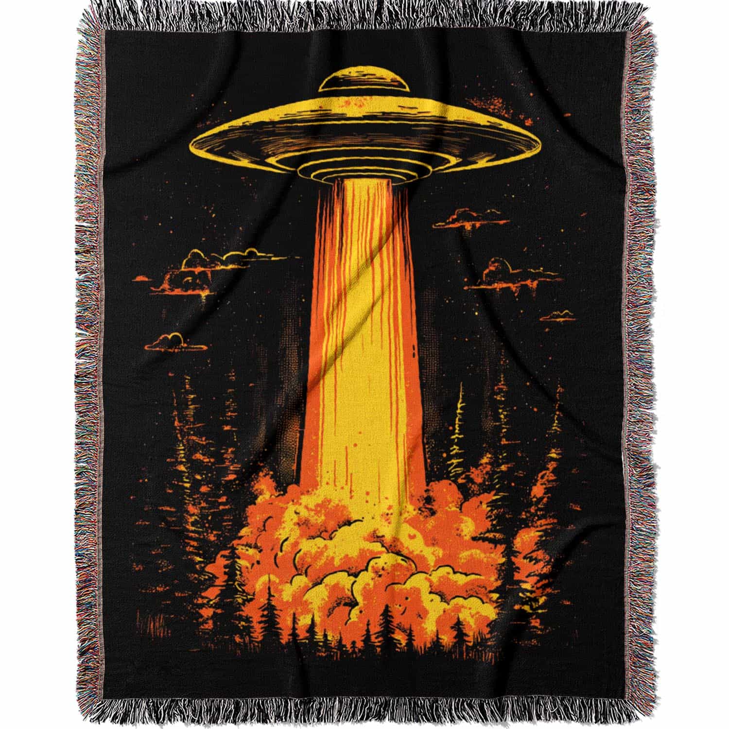 Woven cotton blanket featuring a UFO with a fiery orange beam illuminating a dark forest, with glowing clouds and night sky details.