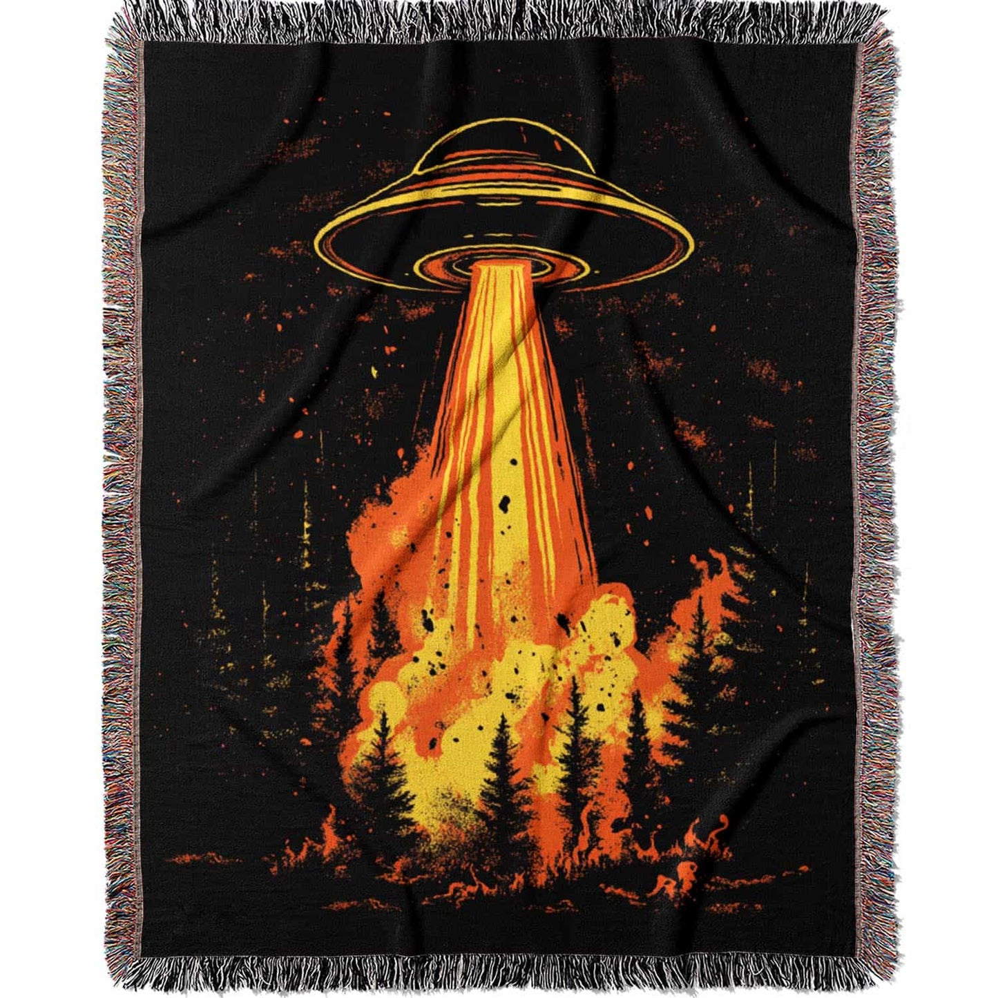 Woven cotton blanket featuring a UFO with a fiery orange beam blasting into a dark forest, with glowing explosions and cosmic night details.