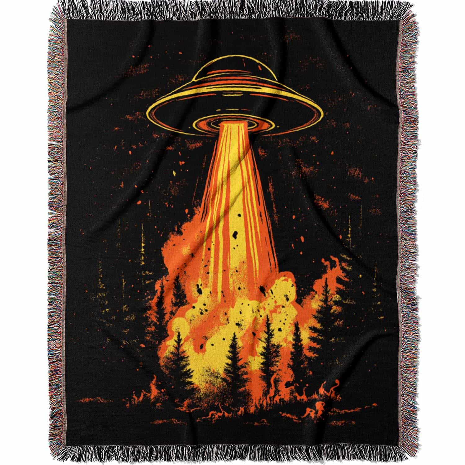 Woven cotton blanket featuring a UFO with a fiery orange beam blasting into a dark forest, with glowing explosions and cosmic night details.