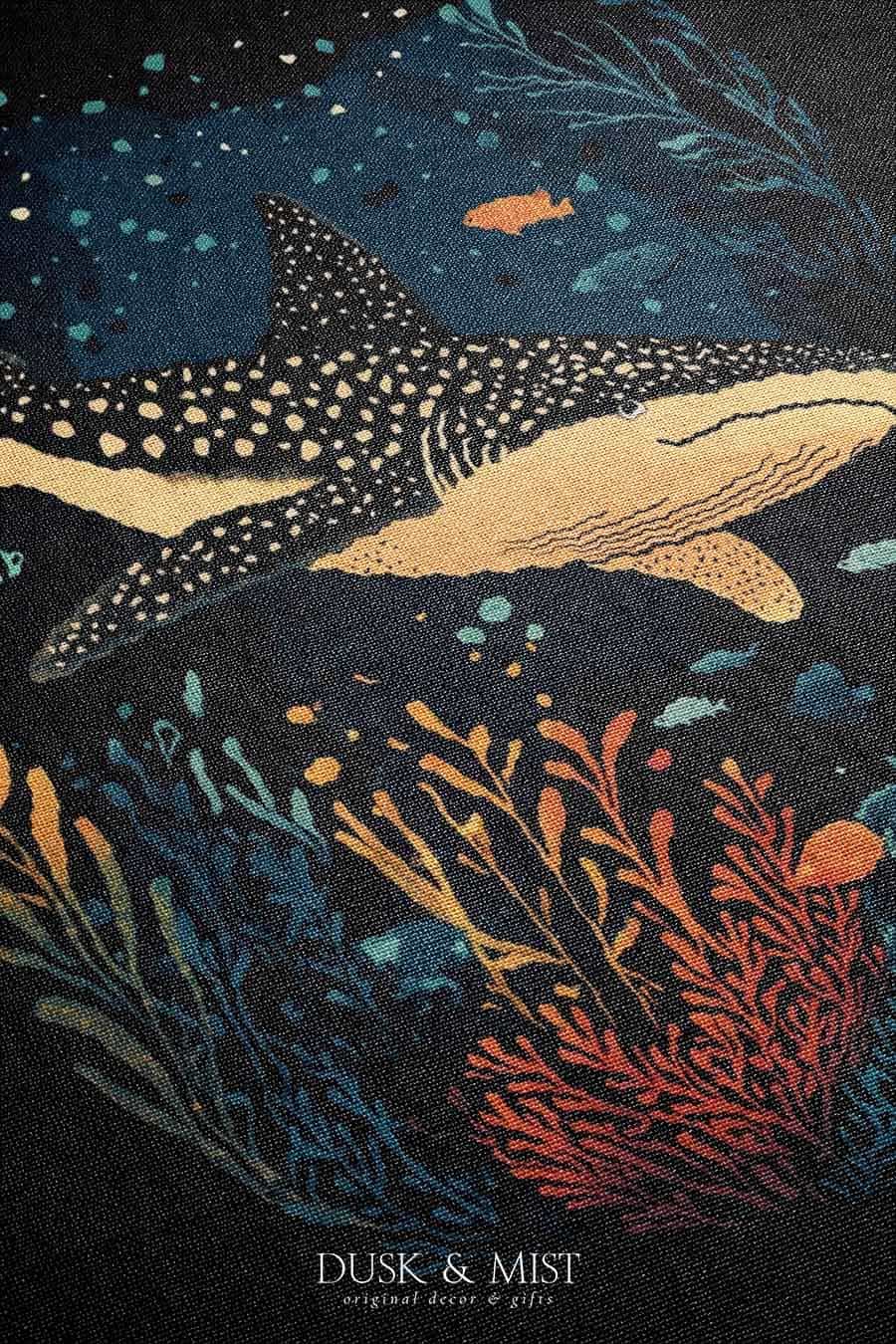 Blanket with whale shark and ocean life design on a black background