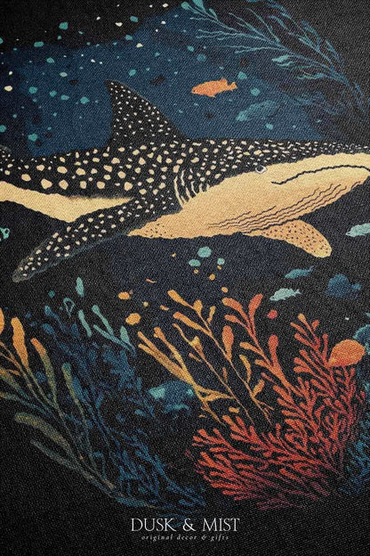 Blanket with whale shark and ocean life design on a black background